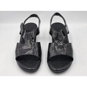 SAS Black Croc-Embossed Slingback Sandals
